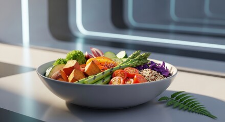 Photo of a vibrant and healthy buddha bowl filled with colorful vegetables, quinoa, and greens, presented in a modern, minimalist setting