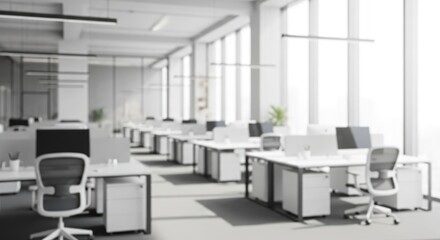 Blurred Background of Modern Open Plan Office with Bright Sunlight and Copy Space