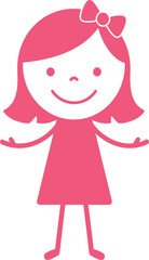 Adorable pink cartoon girl character with flower in hair smiling joyfully full body standing illustration isolated on transparent background