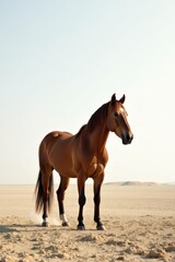 Naklejka premium Bay horse standing alone in a vast open space on white background, bay horse, isolation