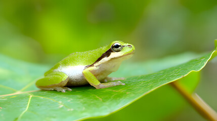 Tree frog perched on tropical leaf, wildlife in natural habitat.