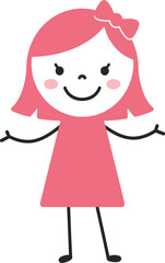 Cute cartoon child character with pink hair and dress cheerful and friendly design for children's content and products isolated on transparent background