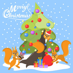 Funny cartoon squirrels decorate a Christmas tree. Merry Christmas and Happy New Year greeting cards, posters, holiday covers.