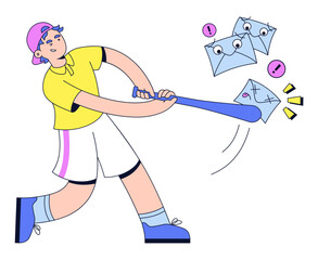 Young man beating spam with a baseball bat