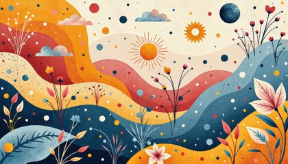 Abstract Landscape Illustration Sun, Mountains, and Floral Elements