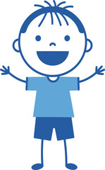 Joyful young boy in blue t-shirt and shorts with arms wide open celebrates happiness isolated on transparent background