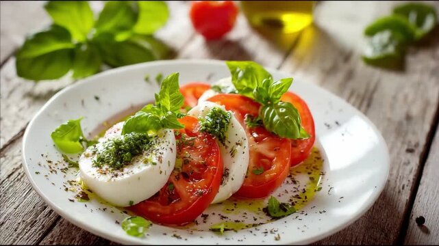 Culinary Symphony: A close-up view of the caprese salad presents a refreshing display of vibrant tomatoes and creamy mozzarella, artfully arranged with fresh basil. 