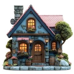 Cute miniature house decorative teal blue stone cottage with pink roof and illuminated interior
