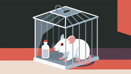 Illustration Of An Albino Mouse With Red Eyes In A Transparent Cage With A Small Drinking Bottle Vector Design Template