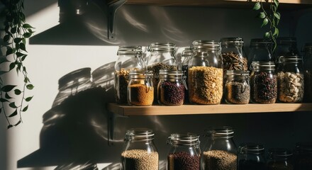 A pantry shelf filled with various glass jars containing different types of grains, beans, and seeds, neatly organized and illuminated by natural light, creating a warm atmosphere for healthy eating.