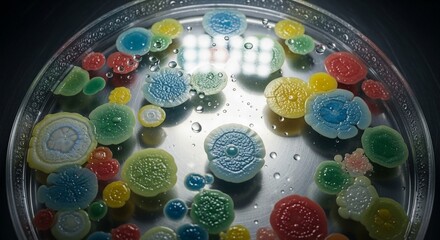 The vibrant art of microbiology, a diverse collection of colorful bacterial colonies thriving in a petri dish