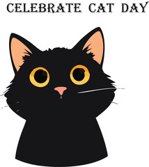 Fototapeta premium Cute black cat cartoon illustration for Cat Day celebration, wide-eyed feline vector with pink accents for pet and holiday themes