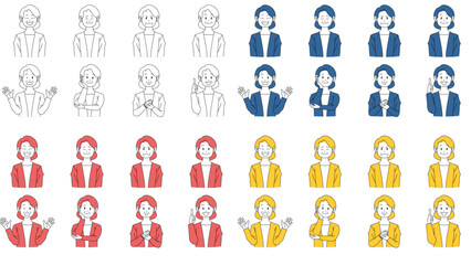 中年女性の表情とジェスチャーアイコンセット ビジネスや教育に使えるイラスト