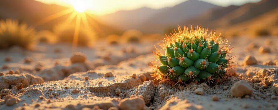 A spiky desert succulent thrives under intense sunlight, rooted in dry, cracked earth , aloe, earth
