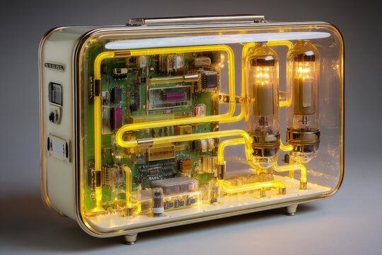 A translucent, cream-colored box houses intricate electronics.  Bright yellow-glowing tubes and circuitry are visible inside.  Retro aesthetic
