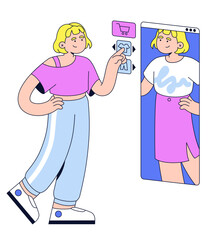 Young woman chooses clothes on a virtual screen