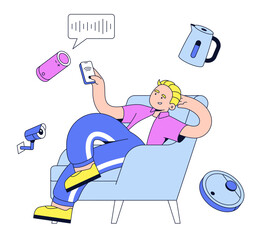 Young man controls devices with smart home technology