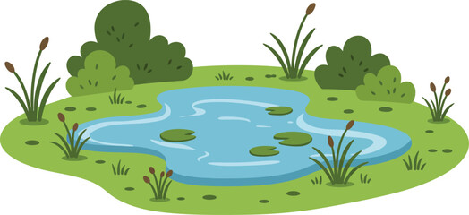 Serene pond scene with lush greenery water lilies and aquatic plants ideal for nature and eco themed projects isolated on transparent background