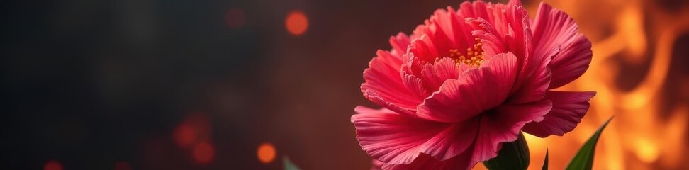 A vibrant carnation engulfed in fiery flames, petals crisping , visual, intense color