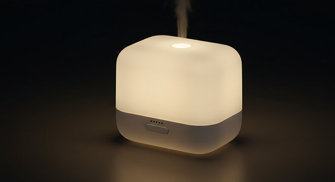 Modern minimalist cube shaped aroma diffuser glowing with warm ambient light in a dark room for home aromatherapy stress relief and holistic wellness