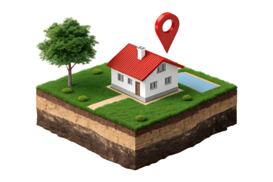 Real estate location and house with a map pin on a floating plot of land on transparent background