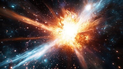 Fototapeta premium Bright cosmic explosion with fire and light in deep space galaxy background, abstract universe energy scene