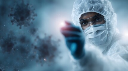A scientist in protective gear examines a microscopic virus particle in a sterile laboratory setting