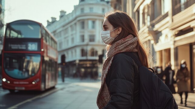 Young woman in mask with backpack standing on city street near red double decker bus during sunset