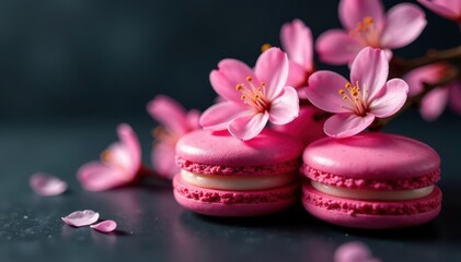 Elegant bordeaux macarons adorned with delicate pink spring blossoms against a dark backdrop , spring, delicious food, spring aesthetic