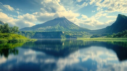 Beautiful mountain with green valley reflected in calm lake under bright blue sky symbol of nature peace and view