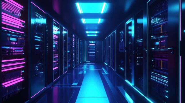 Modern server room with neon blue and pink lights rows of data storage racks symbol of network and digital tech