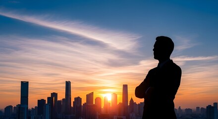Fototapeta premium The silhouette of a confident businessman looking over a cityscape at sunset, representing corporate success and future goals