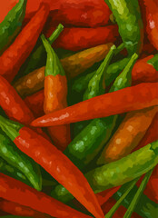 Vector hand drawn mixed chili pepper background. Watercolor style with textured brush effect. For canvas, surface, cover, table, poster, wallpaper, wrap, textile fabric. illustration art