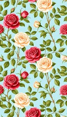 Seamless Floral Pattern with Red and Yellow Roses on Blue Background