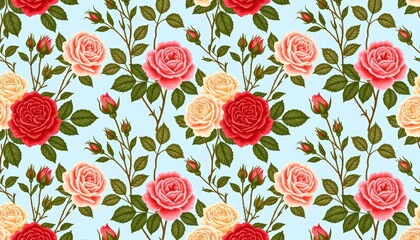 Seamless Floral Pattern with Red and Pink Roses on Light Blue Background
