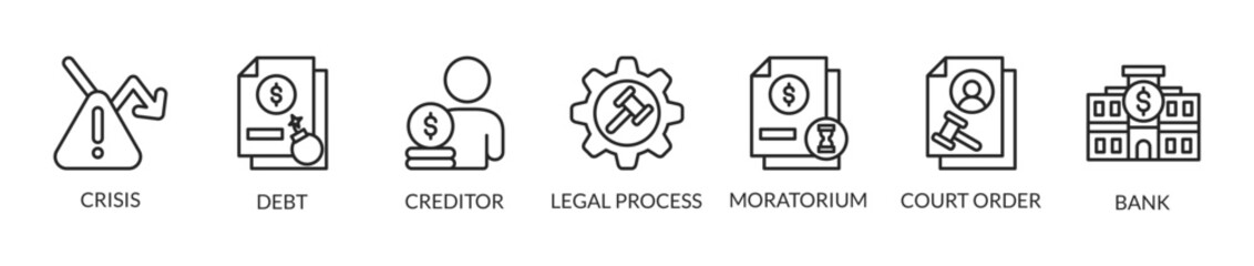 Bankruptcy Concept with vector icons. Bankruptcy is a legal process through which people or other entities who cannot repay debts to creditors may seek relief from some or all of their debts