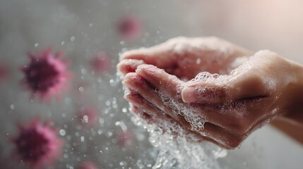 Fototapeta premium Close up of hands being washed with soap and water creating foam and bubbles symbolizing virus prevention and hygiene
