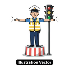 Vector illustration of a friendly policeman regulating street traffic for public safety and order