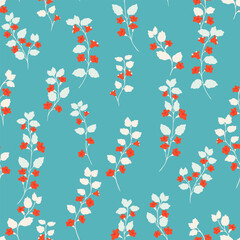 Seamless vector pattern of wild floral stems with soft cream leaves and vivid red blossoms on a turquoise background. Designs for textiles, stationery, packaging, and digital