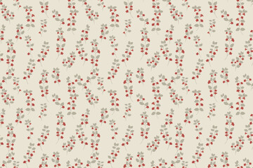 Seamless vector floral pattern with delicate gray stems and small red flowers on beige background. Elegant botanical design for fabric, wallpaper, wrapping, and stationery