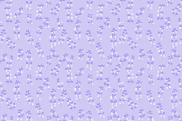 Seamless vector floral pattern with soft lavender stems and tiny white blossoms on a pastel purple background. Elegant botanical design for fabric, wallpaper, wrapping, and decor