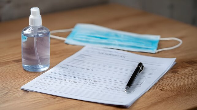 A document pen surgical mask and hand sanitizer are arranged on a wooden desk representing health and safety protocols