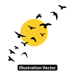 Flock of Birds Flying Towards a Bright Sun Silhouette Against a White Background