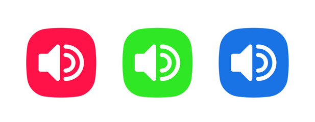 A set of three colorful icons (red, green, blue) showing a speaker with sound waves, indicating the Loud Speaker/Sound On feature for general device audio output.