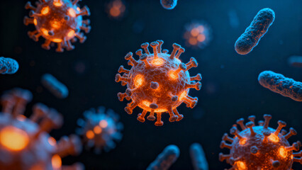 Genetic screening for cancer visualized with virus and bacteria under microscope in blue light