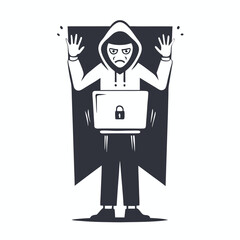Hooded hacker with raised hands holds a laptop with a padlock icon