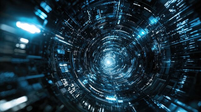 A futuristic, digital tunnel with glowing blue lights and intricate, geometric patterns.