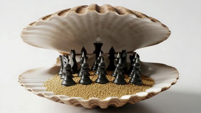 Chess pieces arranged inside a seashell with golden sand creating a strategic and unique display