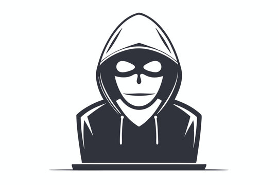 Hooded malefactor intently manipulates a laptop while ominous jagged lines highlight sinister intent