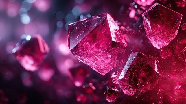 Pink and purple crystals floating in a pink and purple liquid.